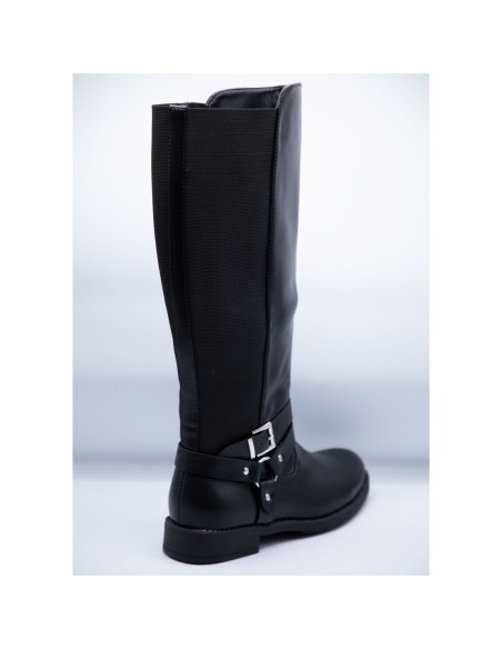 Bottes femme grandes pointures en simili cuir noir lanières argent boucle