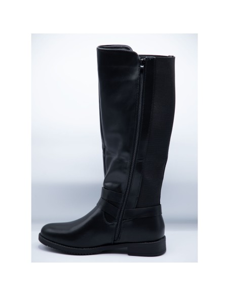 Bottes femme grandes pointures en simili cuir noir lanières argent boucle