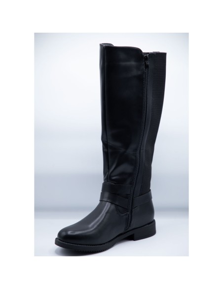 Bottes femme grandes pointures en simili cuir noir lanières argent boucle