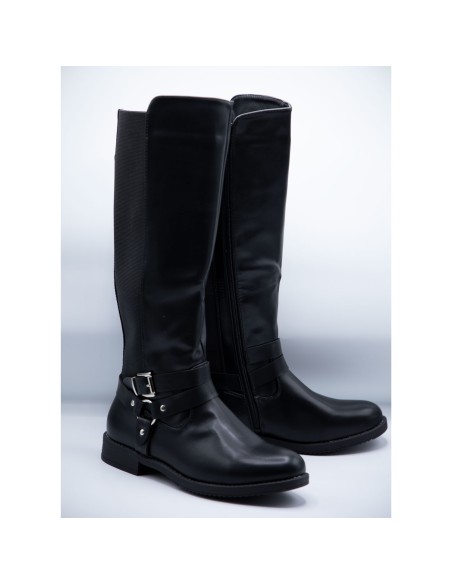 Bottes femme grandes pointures en simili cuir noir lanières argent boucle