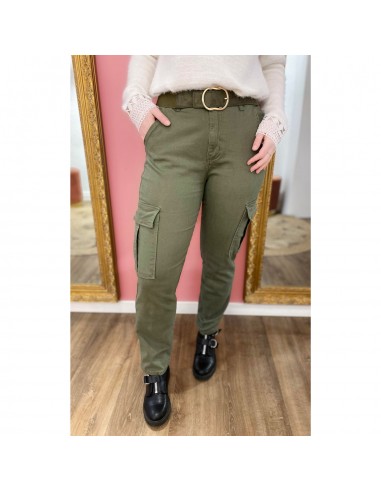 Pantalon cargo femme droit en jean stretch taille haute & poche côté