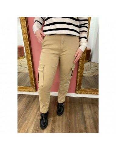Pantalon cargo femme droit en jean stretch taille haute & poche côté