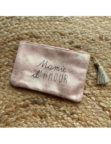 Pochette cadeau " Mamie d'amour " en toile pailletée fermeture zip