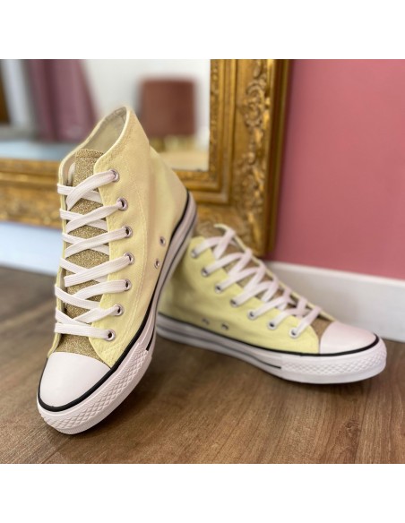 Tennis montantes en toile femme languette pailletée et bande à paillettes