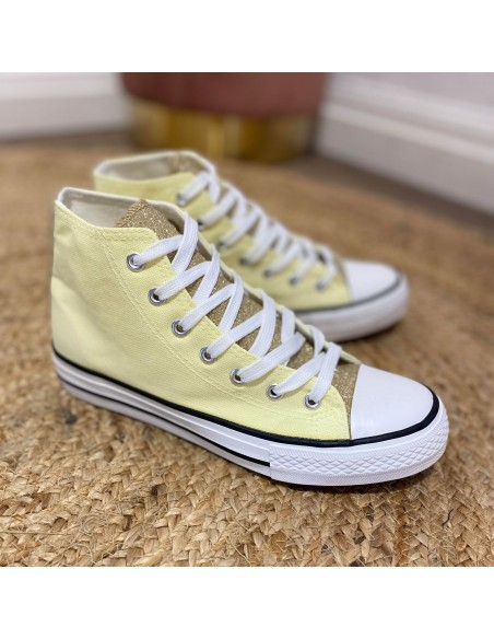 Tennis montantes en toile femme languette pailletée et bande à paillettes