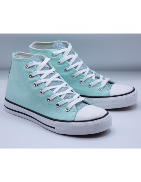 Tennis montantes en toile femme languette pailletée et bande à paillettes