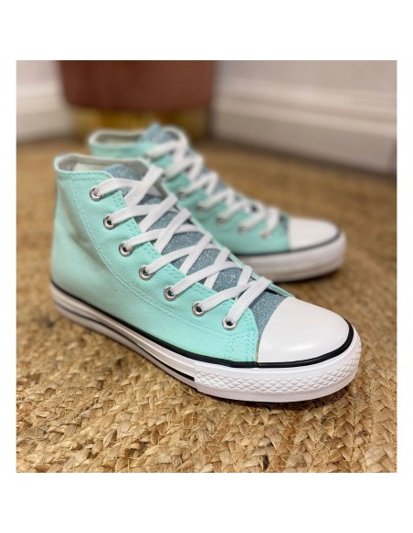 Tennis montantes en toile femme languette pailletée et bande à paillettes