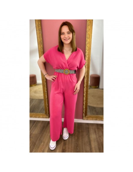 Combinaison pantalon femme manches courtes unie fluide avec ceinture tressée