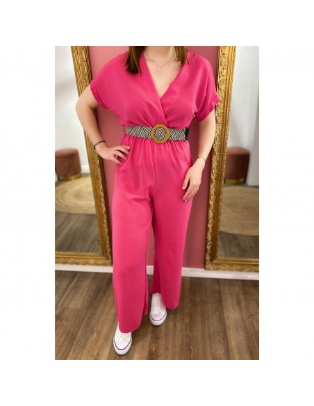 Combinaison pantalon femme manches courtes unie fluide avec ceinture tressée