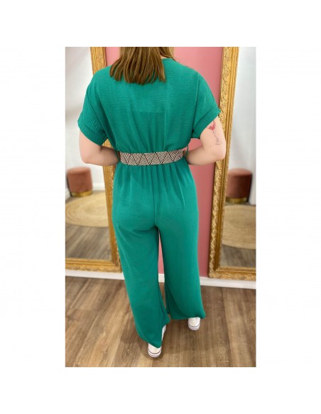 Combinaison pantalon femme manches courtes unie fluide avec ceinture tressée