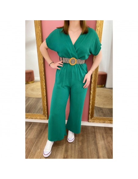 Combinaison pantalon femme manches courtes unie fluide avec ceinture tressée