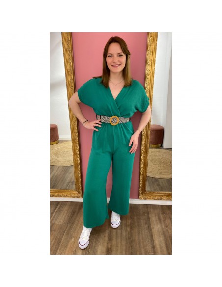 Combinaison pantalon femme manches courtes unie fluide avec ceinture tressée