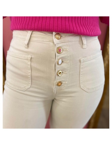 Jean Taille Haute femme Coupe évasée flare wideleg boutons dorés style rétro chic