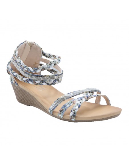 Sandales femme petit talon compensé bride cheville tressée & strass