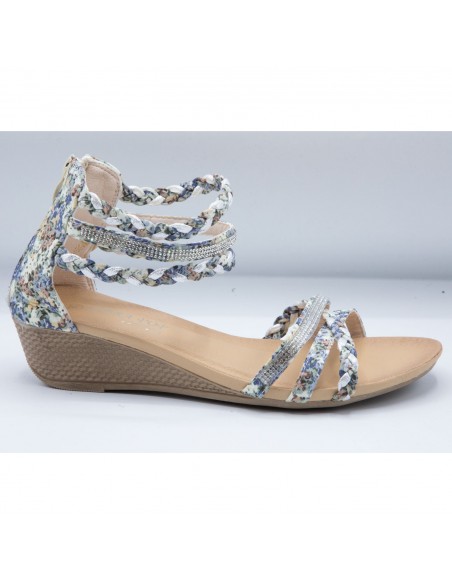 Sandales femme petit talon compensé bride cheville tressée & strass