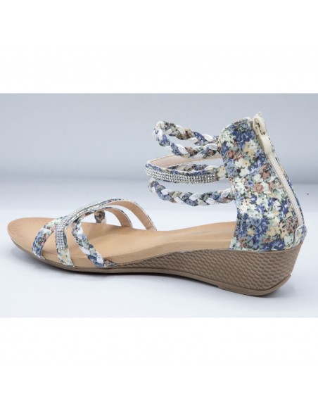 Sandales femme petit talon compensé bride cheville tressée & strass