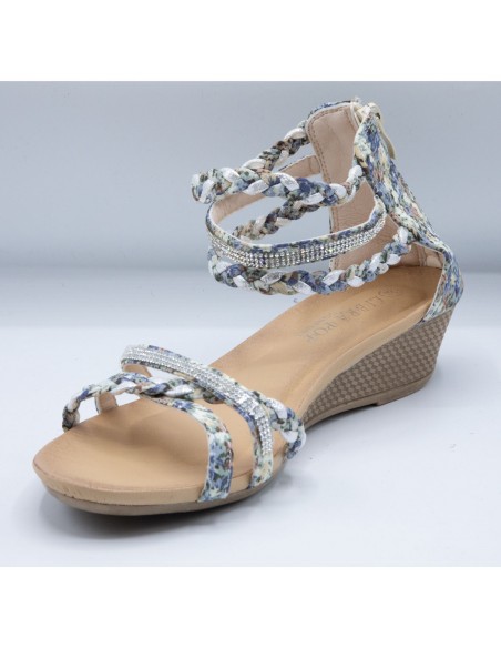 Sandales femme petit talon compensé bride cheville tressée & strass