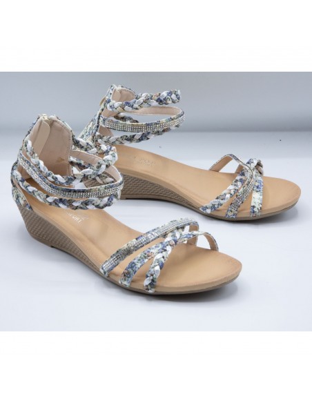 Sandales femme petit talon compensé bride cheville tressée & strass