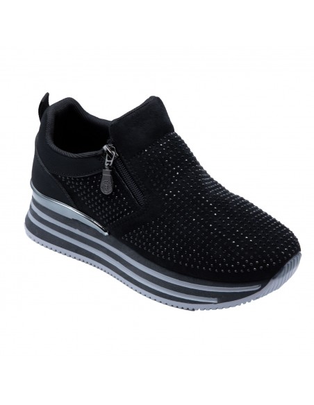 Baskets Femme Compensées Confort – Sneakers Slip-On Respirantes à Strass avec Zip Latéral, Légères Antidérapantes, Plateforme