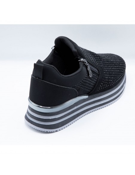 Baskets Femme Compensées Confort – Sneakers Slip-On Respirantes à Strass avec Zip Latéral, Légères Antidérapantes, Plateforme