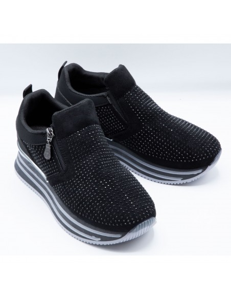 Baskets Femme Compensées Confort – Sneakers Slip-On Respirantes à Strass avec Zip Latéral, Légères Antidérapantes, Plateforme