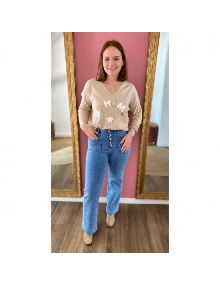 Jean Taille Haute femme Coupe évasée flare wideleg boutons dorés style rétro chic