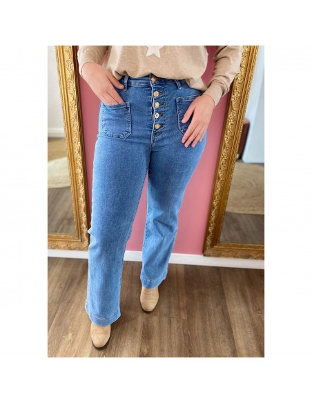 Jean Taille Haute femme Coupe évasée flare wideleg boutons dorés style rétro chic