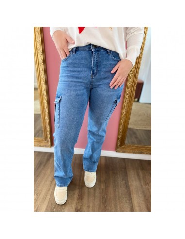 Jean cargo femme bleu clair taille haute stretch à poches coupe oversize jambes larges