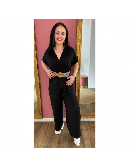 Combinaison pantalon femme manches courtes unie fluide avec ceinture tressée