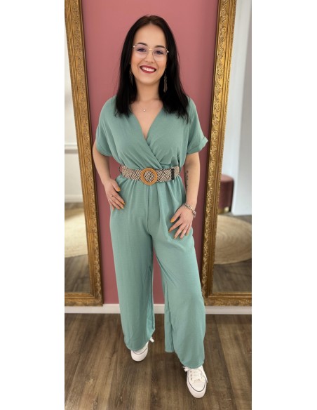 Combinaison pantalon femme manches courtes unie fluide avec ceinture tressée