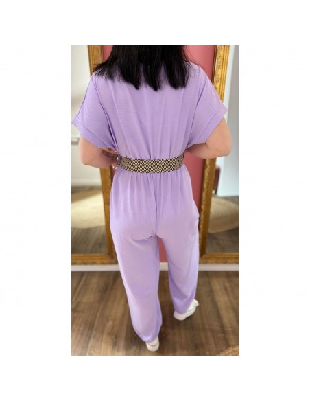 Combinaison pantalon femme manches courtes unie fluide avec ceinture tressée