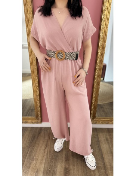 Combinaison pantalon femme manches courtes unie fluide avec ceinture tressée