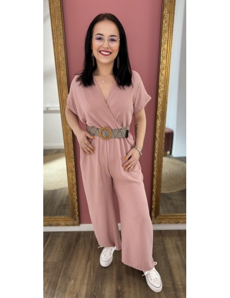 Combinaison pantalon femme manches courtes unie fluide avec ceinture tressée