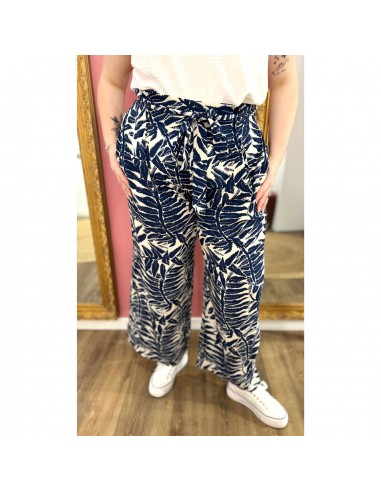 Pantalon fluide taille élastique ceinture noeud motif palmier marine & blanc 36 au 50
