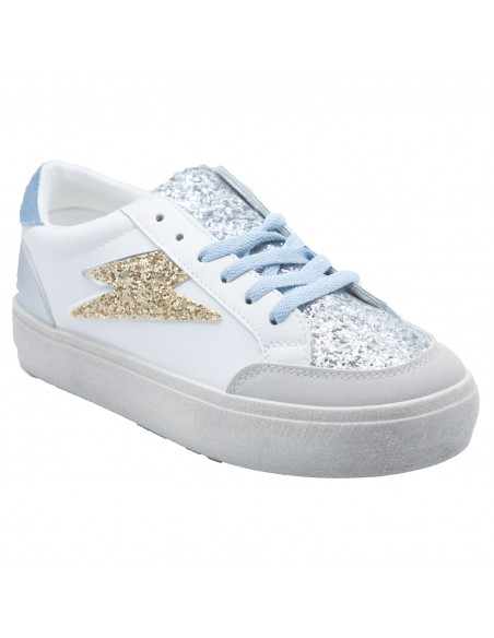 Baskets Femme Mode - Sneakers Blanches Paillettes et éclair doré