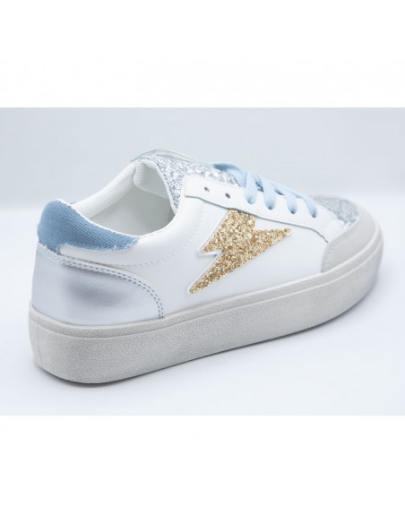Baskets Femme Mode - Sneakers Blanches Paillettes et éclair doré