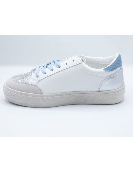 Baskets Femme Mode - Sneakers Blanches Paillettes et éclair doré