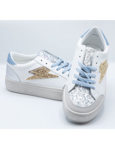 Baskets Femme Mode - Sneakers Blanches Paillettes et éclair doré