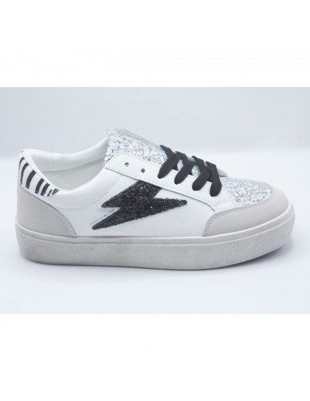 Baskets Femme Mode - Sneakers Blanches Paillettes et éclair doré