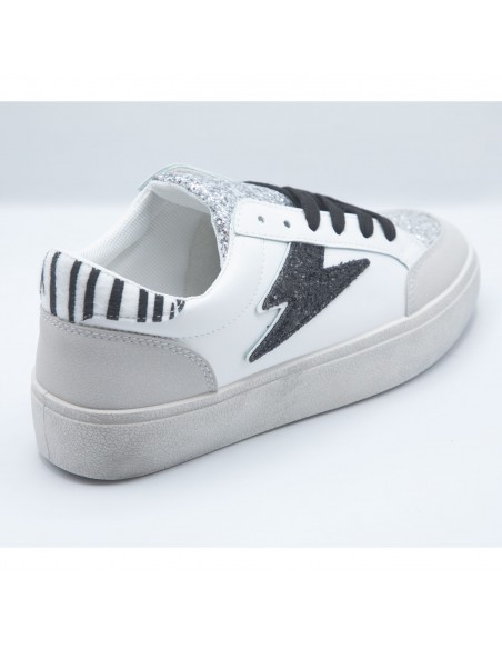 Baskets Femme Mode - Sneakers Blanches Paillettes et éclair doré