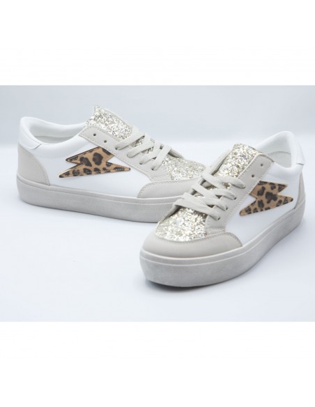 Baskets Femme Mode - Sneakers Blanches Paillettes et éclair doré