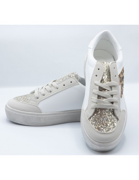 Baskets Femme Mode - Sneakers Blanches Paillettes et éclair doré
