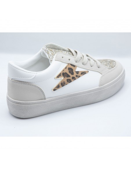 Baskets Femme Mode - Sneakers Blanches Paillettes et éclair doré