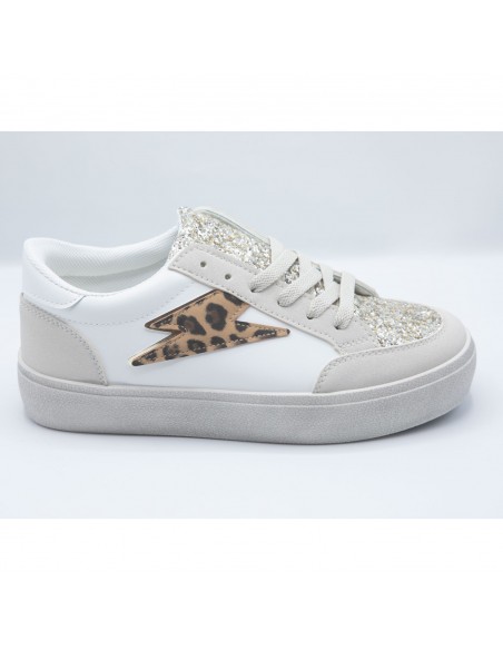 Baskets Femme Mode - Sneakers Blanches Paillettes et éclair doré