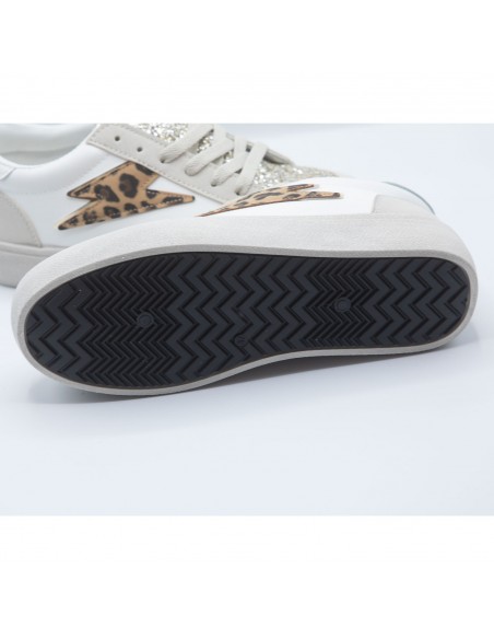 Baskets Femme Mode - Sneakers Blanches Paillettes et éclair doré
