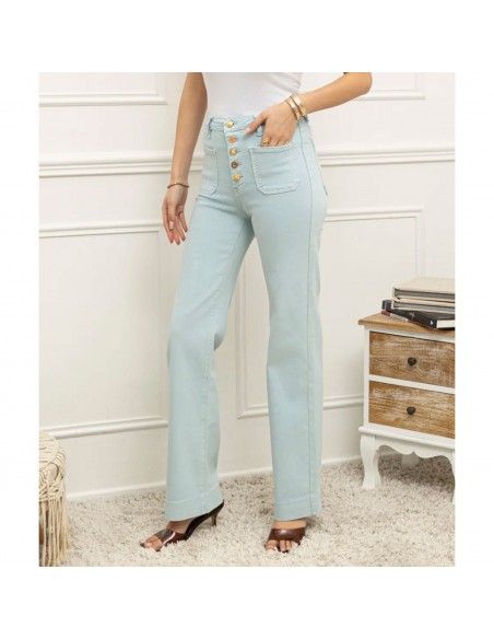 Jean Taille Haute femme Coupe évasée flare wideleg boutons dorés style rétro chic