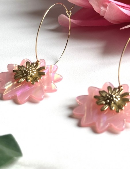 Boucles d'oreilles créoles fleur nacré en acier inoxydable