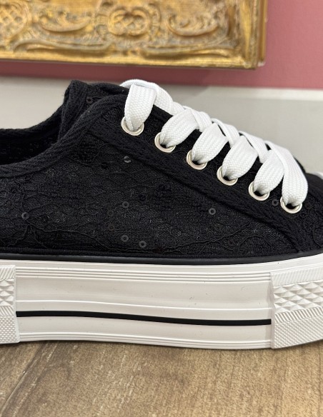 Baskets femme plateformes dentelle et sequins - Sneakers mode ultra tendance