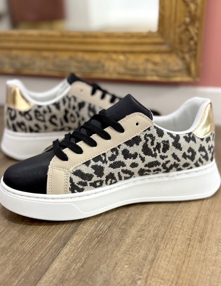 Baskets compensées femme léopard chic - Sneakers tendances pailletées et talon doré