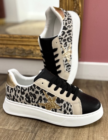 Baskets compensées femme léopard chic - Sneakers tendances pailletées et talon doré